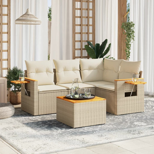 5-delige Loungeset met kussens poly rattan beige