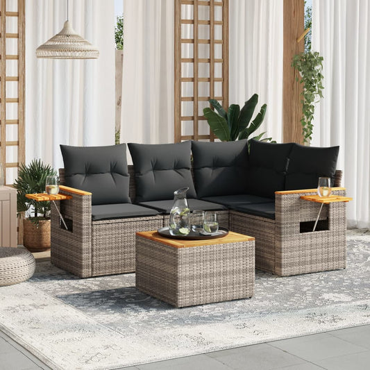 5-delige Loungeset met kussens poly rattan grijs Tuinsets | Creëer jouw Trendy Thuis | Gratis bezorgd & Retour | Trendy.nl