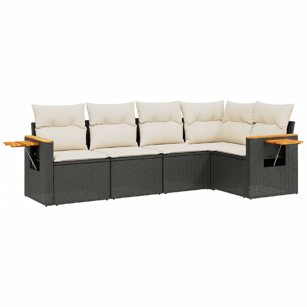 5-delige Loungeset met kussens poly rattan zwart