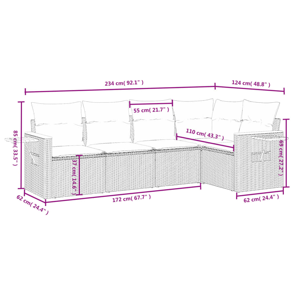 5-delige Loungeset met kussens poly rattan zwart