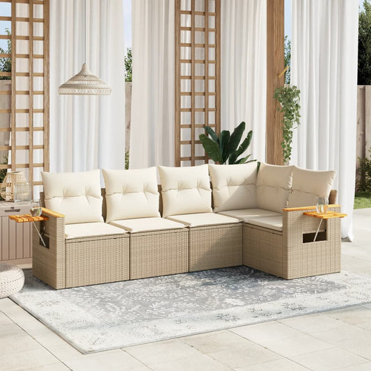 5-delige Loungeset met kussens poly rattan beige