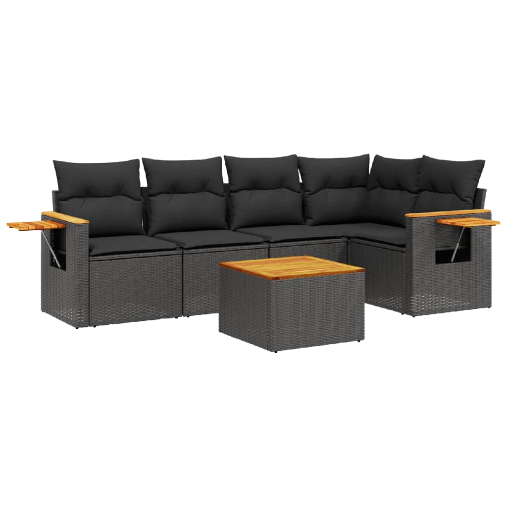 6-delige Loungeset met kussens poly rattan zwart