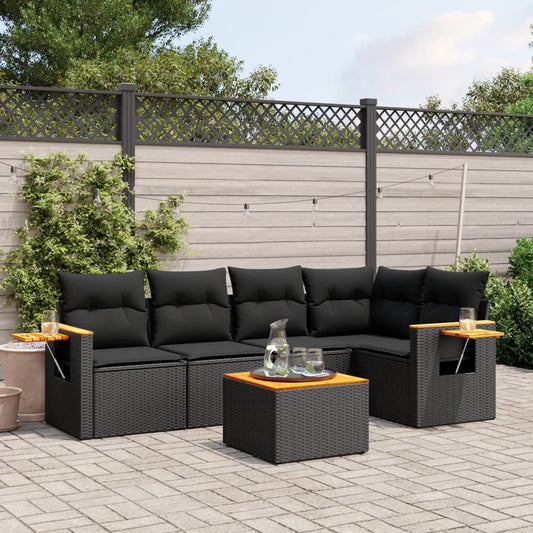 6-delige Loungeset met kussens poly rattan zwart