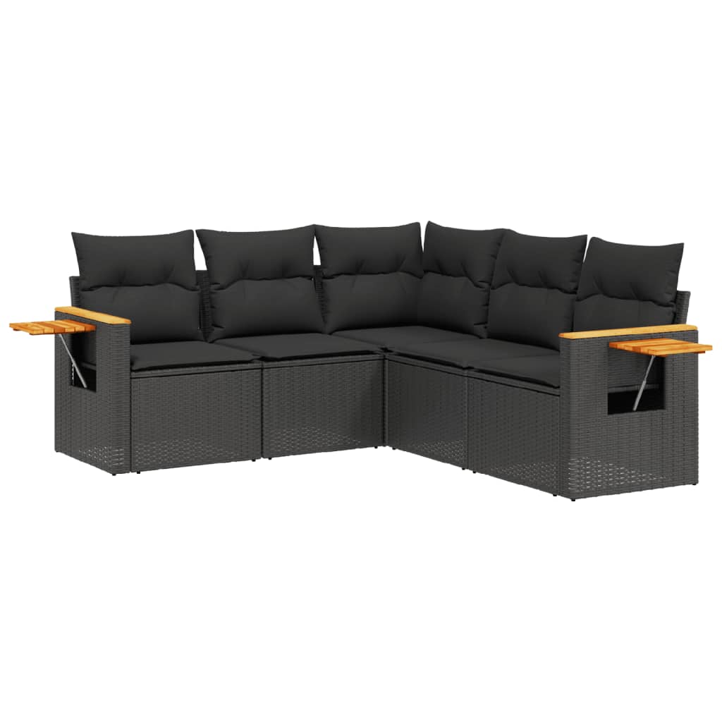 5-delige Loungeset met kussens poly rattan zwart