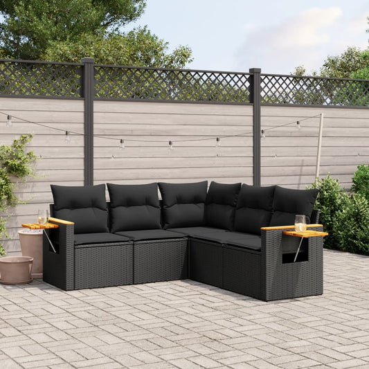 5-delige Loungeset met kussens poly rattan zwart