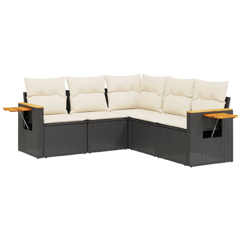 5-delige Loungeset met kussens poly rattan zwart