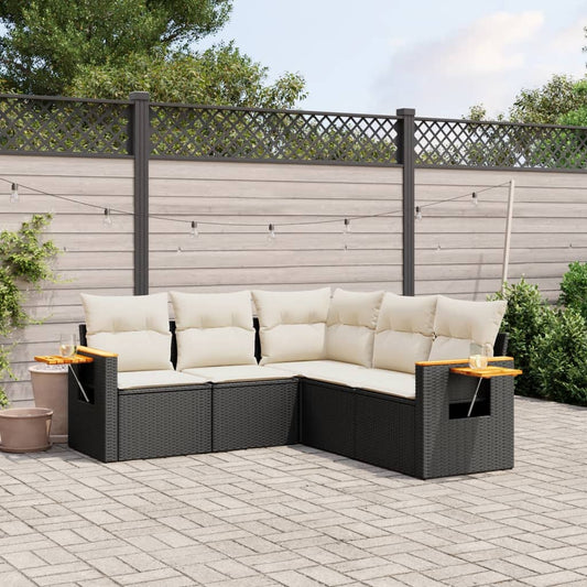 5-delige Loungeset met kussens poly rattan zwart