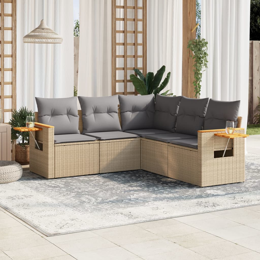 5-delige Loungeset met kussens poly rattan beige