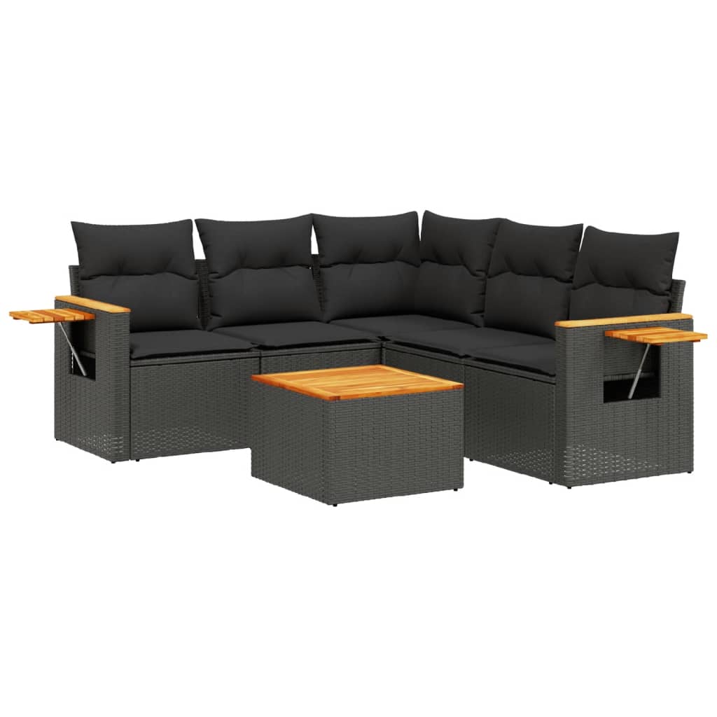 6-delige Loungeset met kussens poly rattan zwart