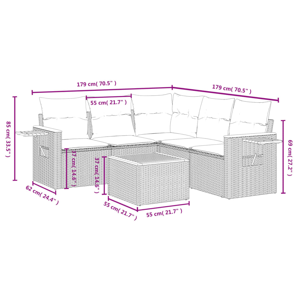 6-delige Loungeset met kussens poly rattan zwart