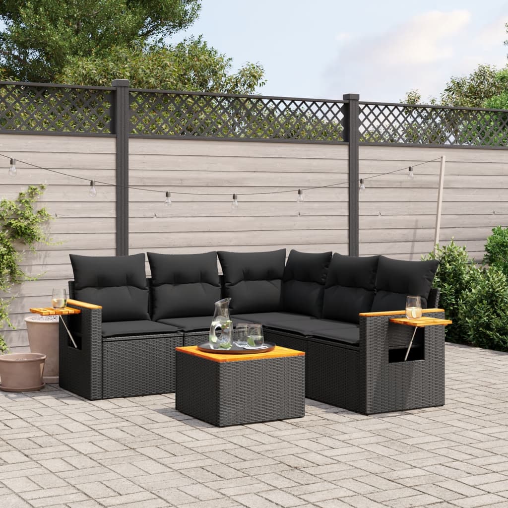 6-delige Loungeset met kussens poly rattan zwart