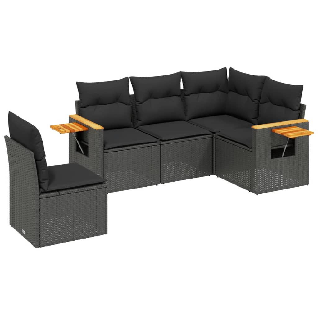 5-delige Loungeset met kussens poly rattan zwart