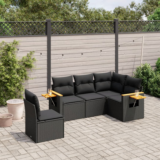 5-delige Loungeset met kussens poly rattan zwart