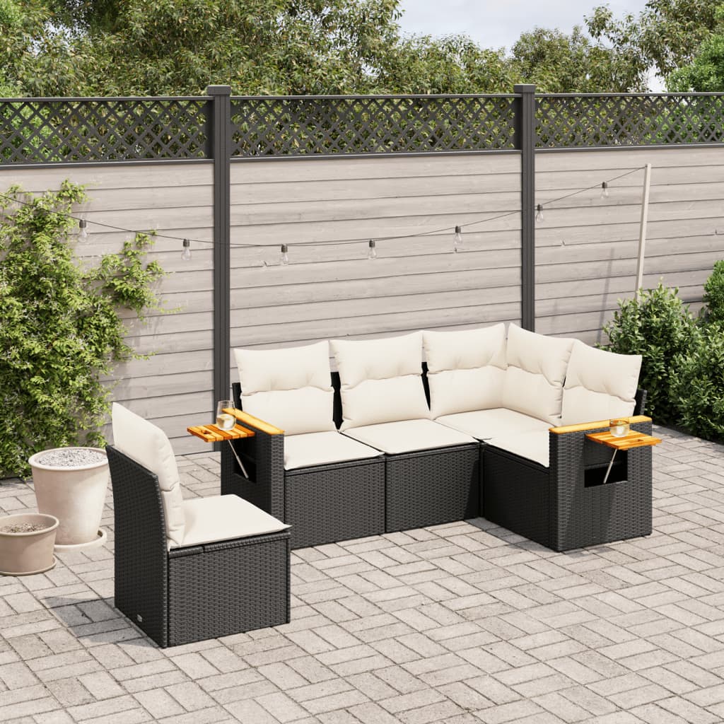 5-delige Loungeset met kussens poly rattan zwart