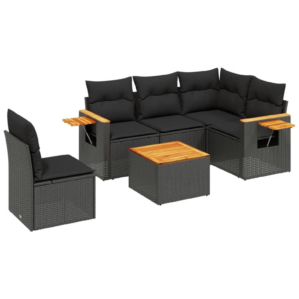 6-delige Loungeset met kussens poly rattan zwart