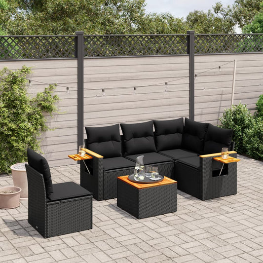 6-delige Loungeset met kussens poly rattan zwart