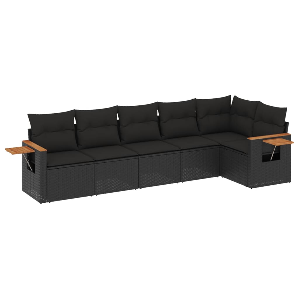 6-delige Loungeset met kussens poly rattan zwart