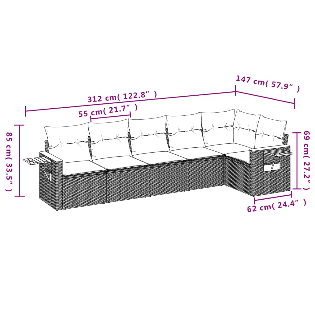 6-delige Loungeset met kussens poly rattan zwart