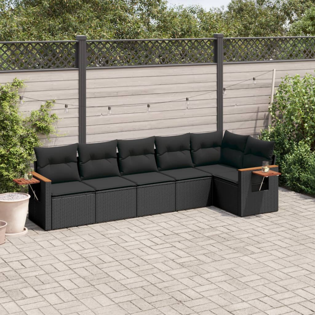 6-delige Loungeset met kussens poly rattan zwart