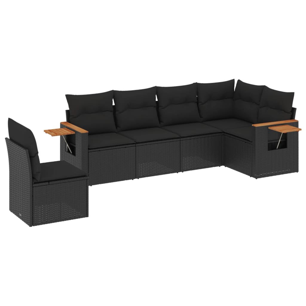 6-delige Loungeset met kussens poly rattan zwart