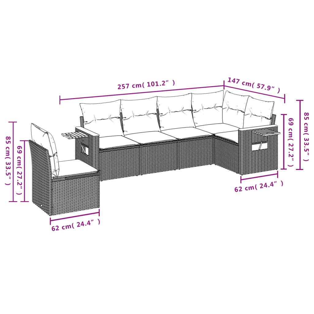 6-delige Loungeset met kussens poly rattan zwart