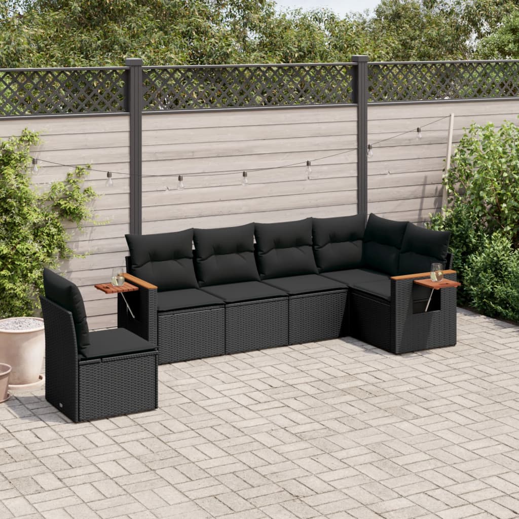 6-delige Loungeset met kussens poly rattan zwart