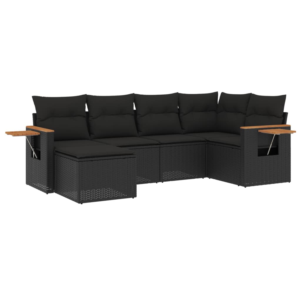 6-delige Loungeset met kussens poly rattan zwart