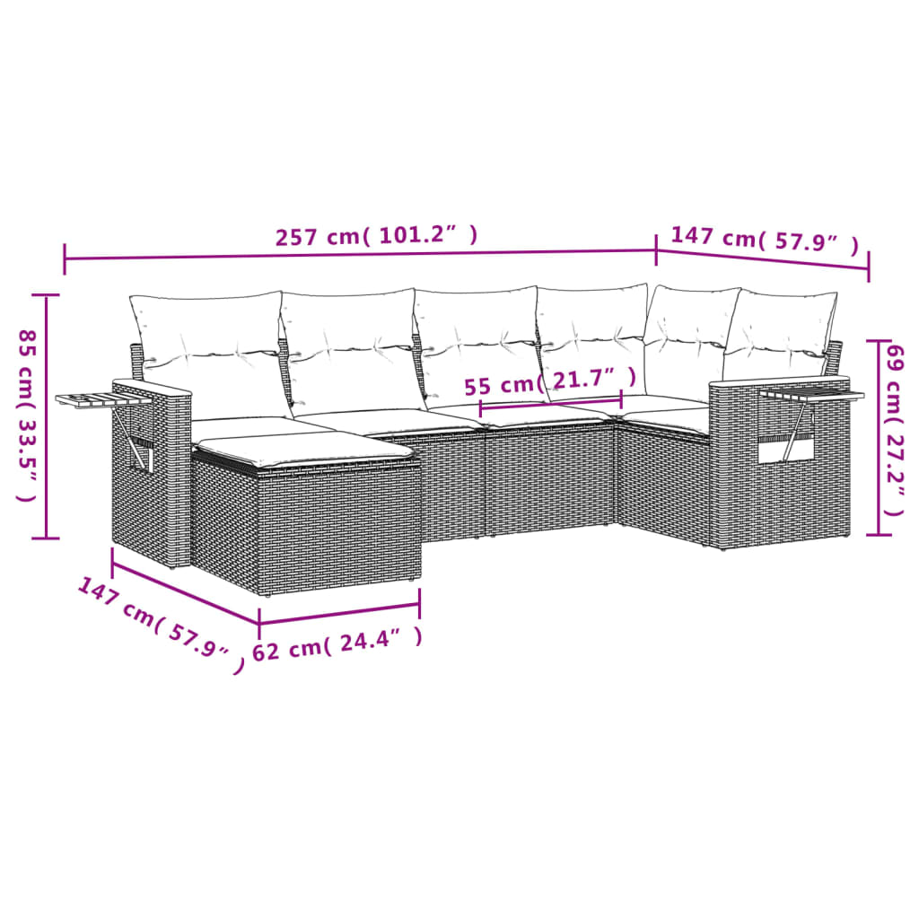 6-delige Loungeset met kussens poly rattan zwart