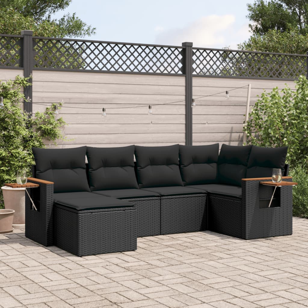 6-delige Loungeset met kussens poly rattan zwart