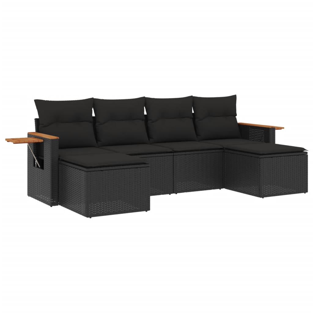 6-delige Loungeset met kussens poly rattan zwart