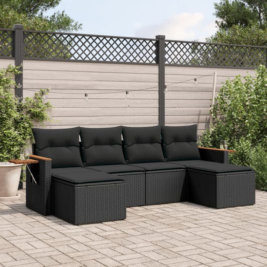 6-delige Loungeset met kussens poly rattan zwart