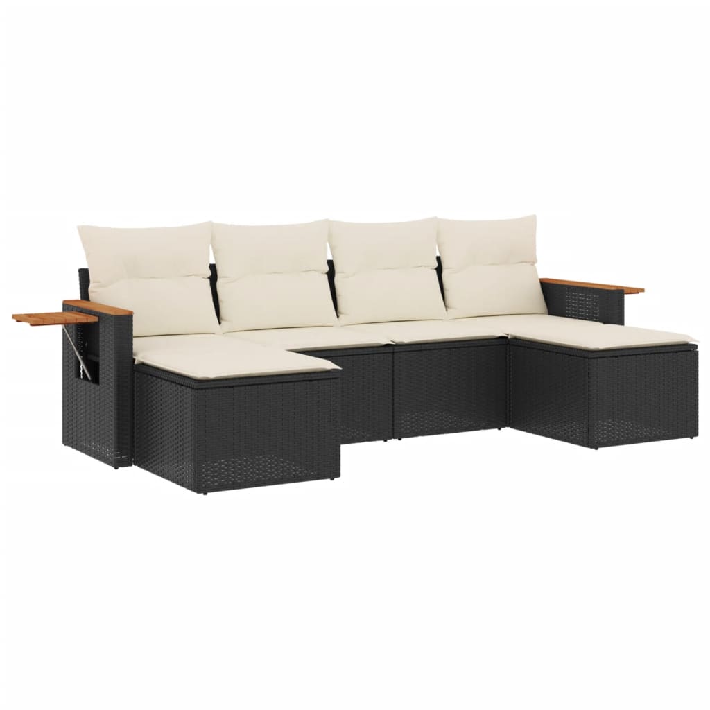 6-delige Loungeset met kussens poly rattan zwart