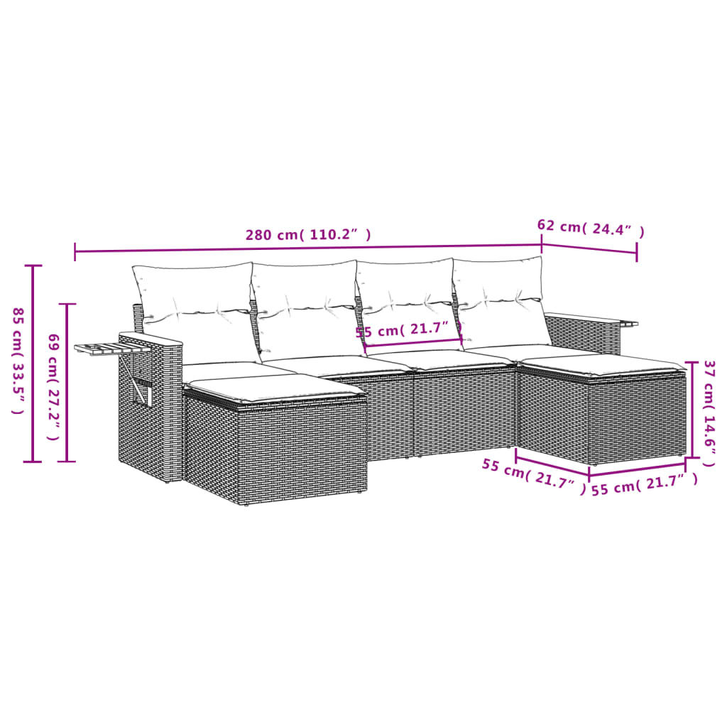 6-delige Loungeset met kussens poly rattan zwart