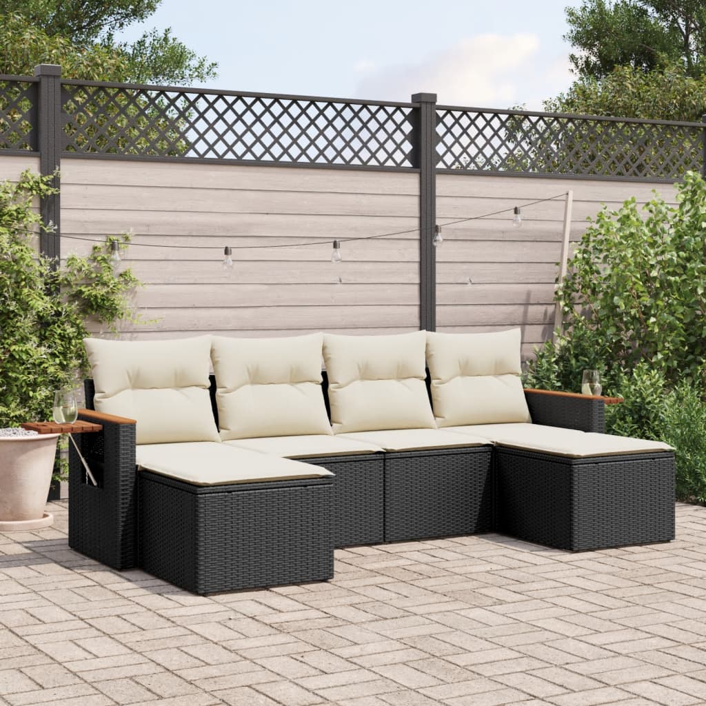 6-delige Loungeset met kussens poly rattan zwart