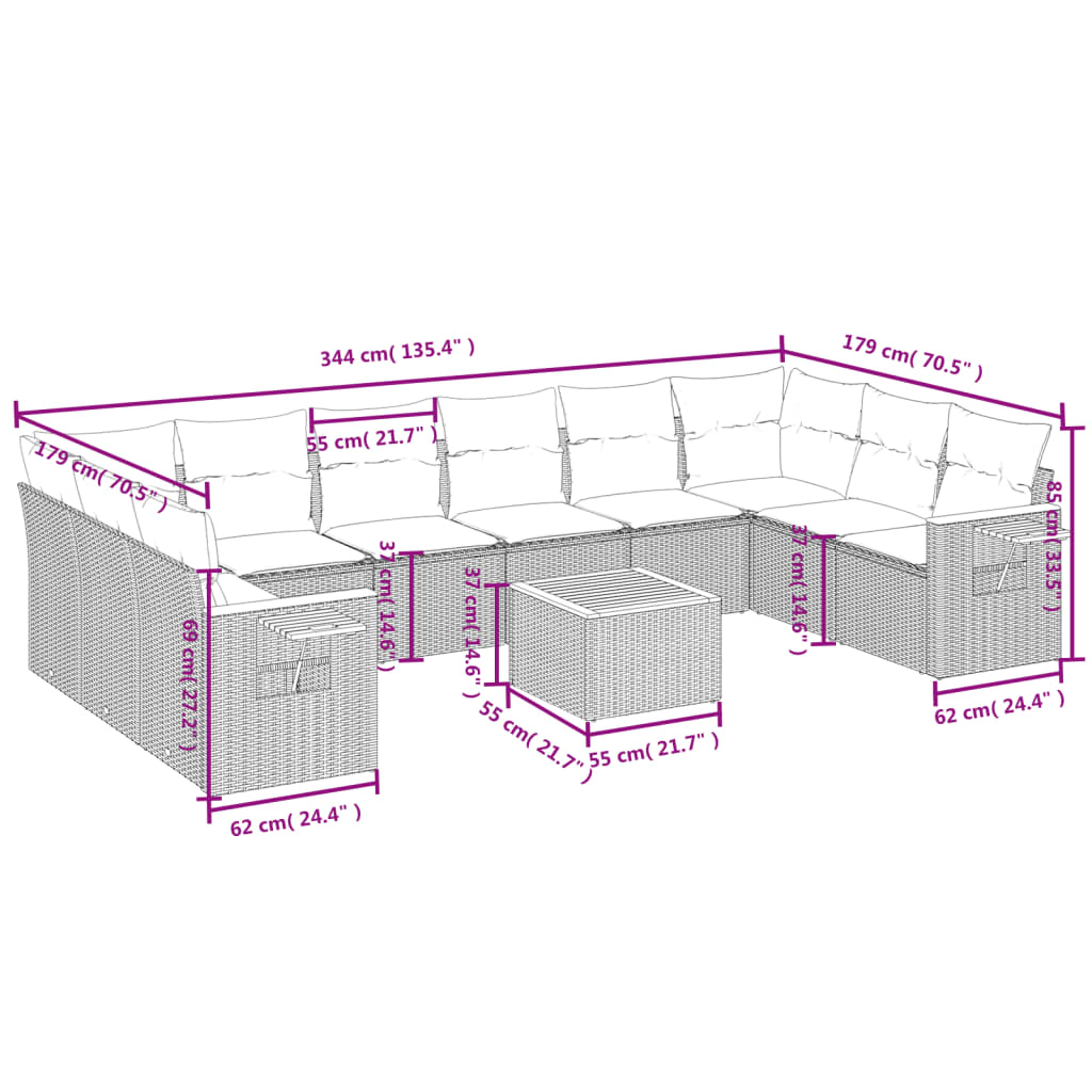 11-delige Tuinset met kussens poly rattan beige