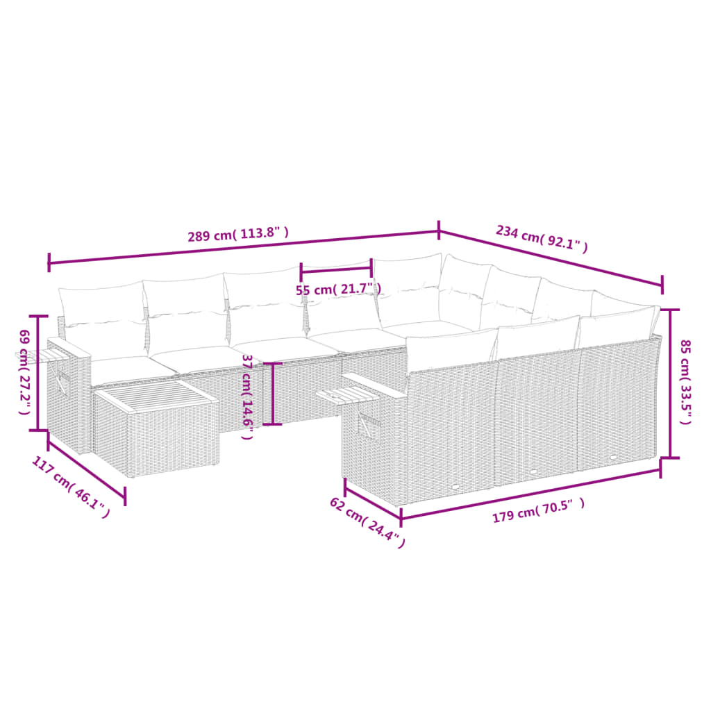 11-delige Tuinset met kussens poly rattan beige