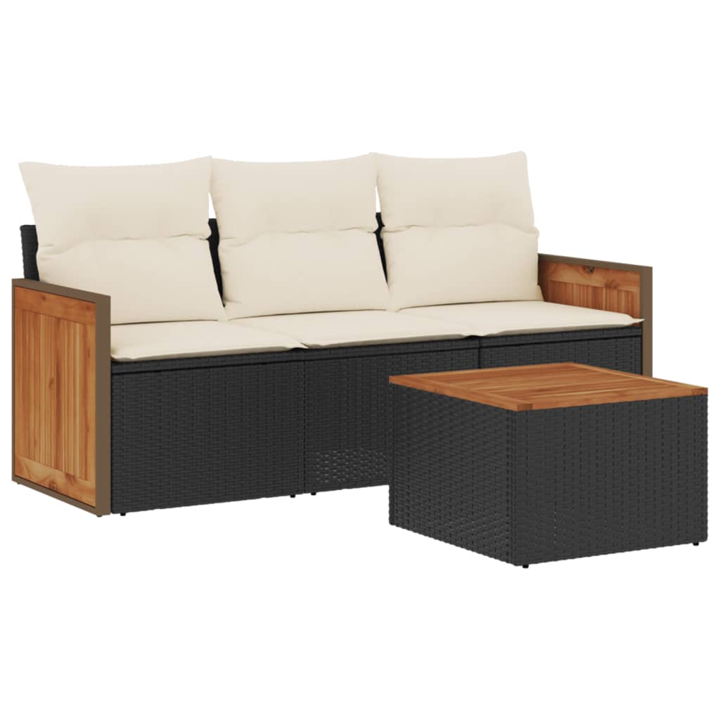 4-delige Loungeset met kussens poly rattan zwart