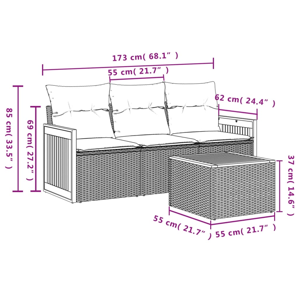 4-delige Loungeset met kussens poly rattan zwart