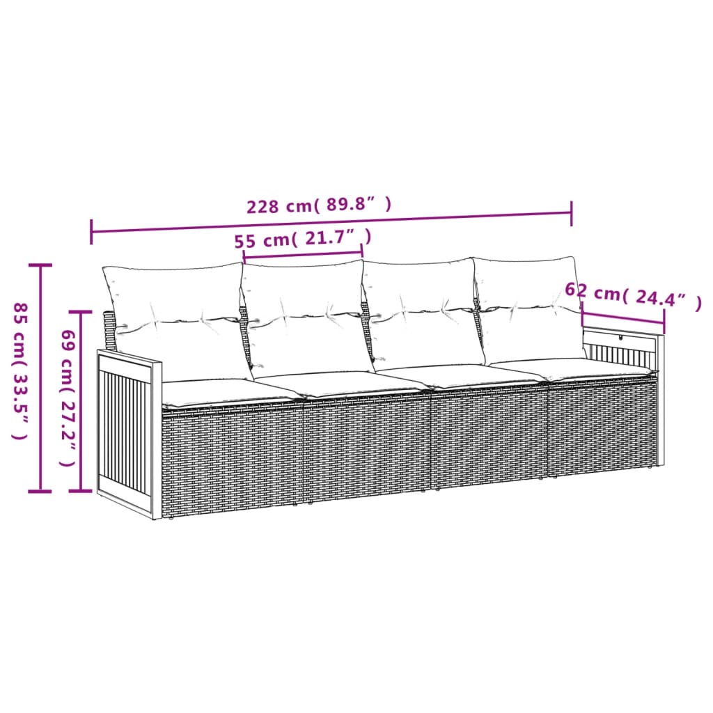 4-delige Loungeset met kussens poly rattan zwart