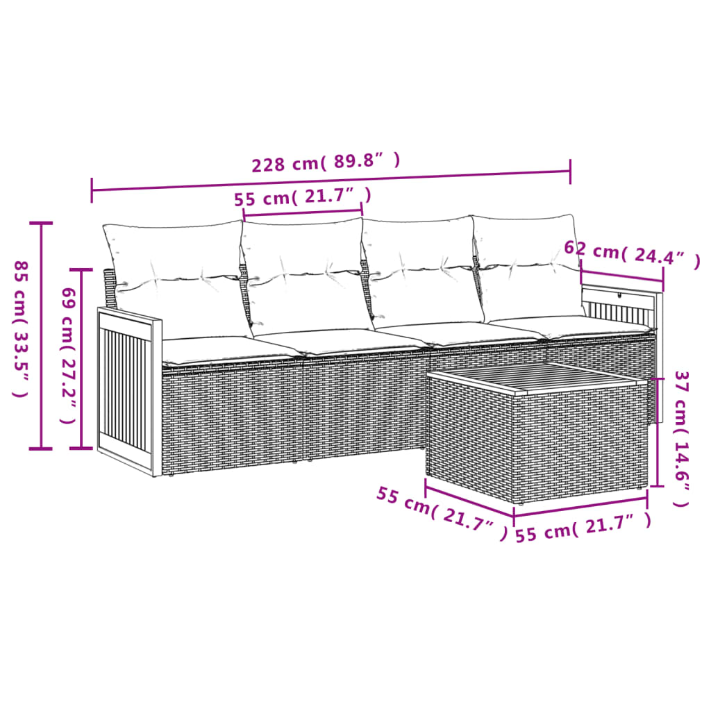 5-delige Loungeset met kussens poly rattan zwart