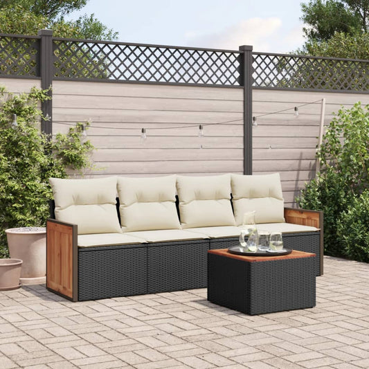 5-delige Loungeset met kussens poly rattan zwart