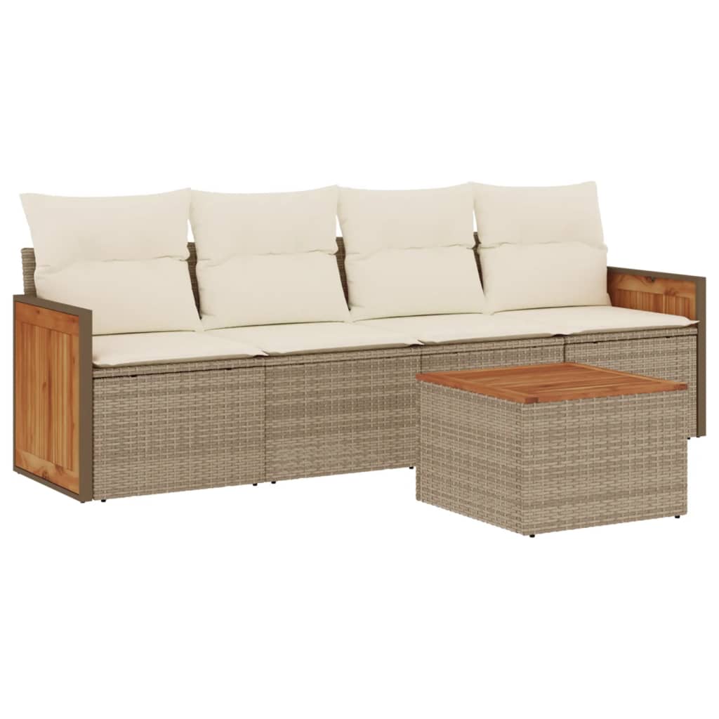 5-delige Loungeset met kussens poly rattan beige