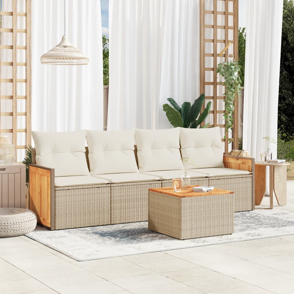 5-delige Loungeset met kussens poly rattan beige