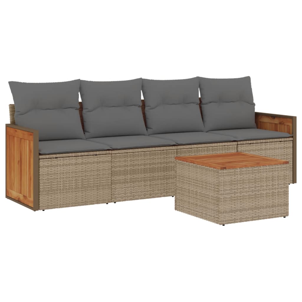 5-delige Loungeset met kussens poly rattan beige