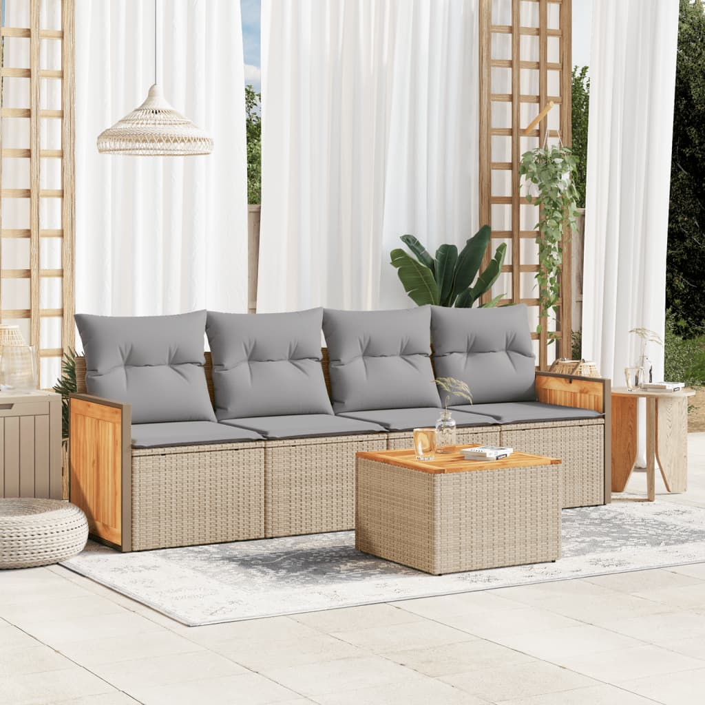 5-delige Loungeset met kussens poly rattan beige