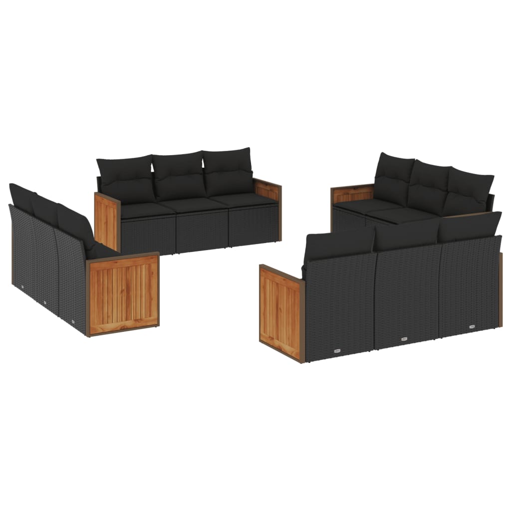 12-delige Loungeset met kussens poly rattan zwart