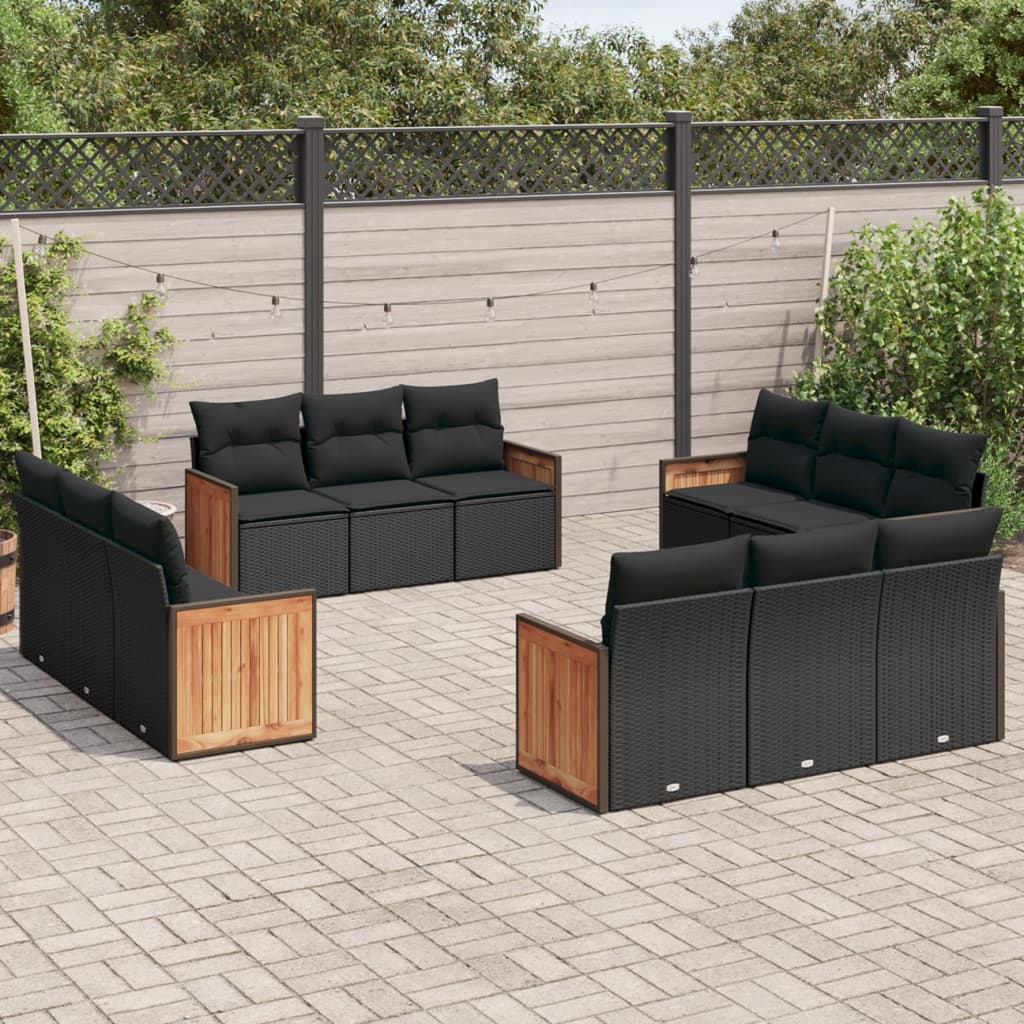 12-delige Loungeset met kussens poly rattan zwart