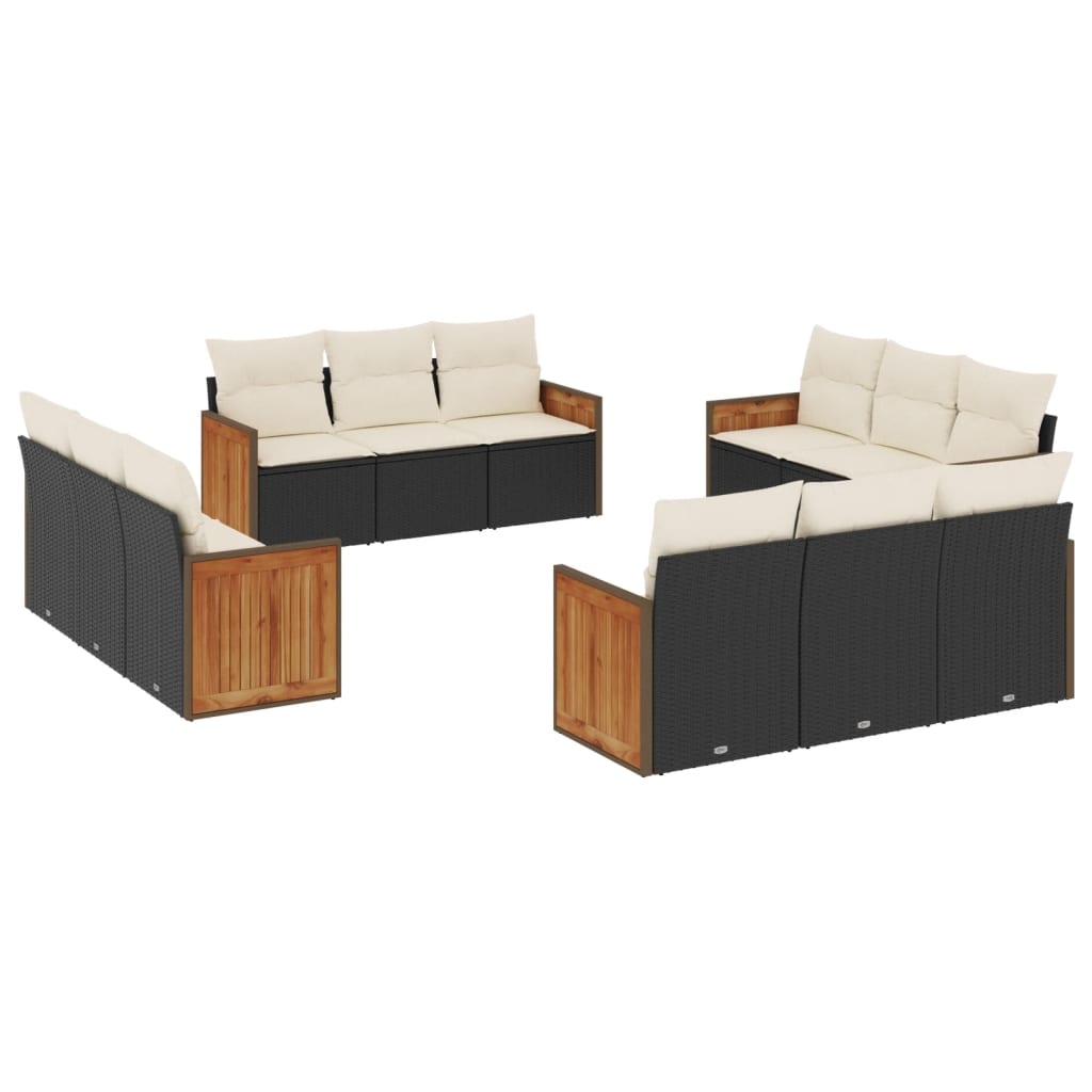 12-delige Loungeset met kussens poly rattan zwart