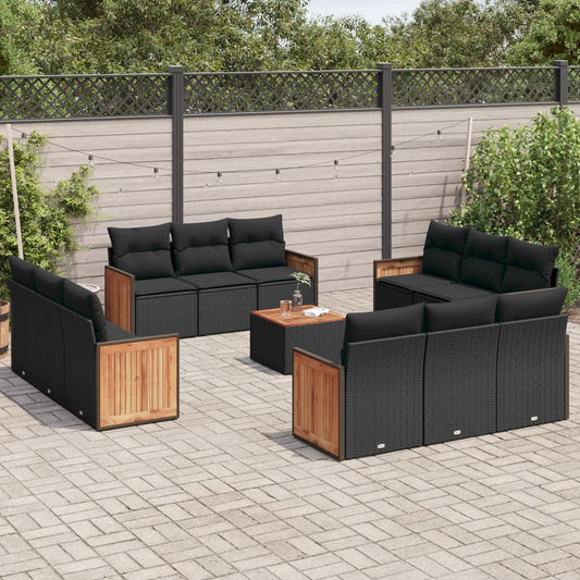 13-delige Loungeset met kussens poly rattan zwart