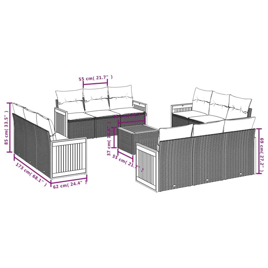 13-delige Loungeset met kussens poly rattan zwart